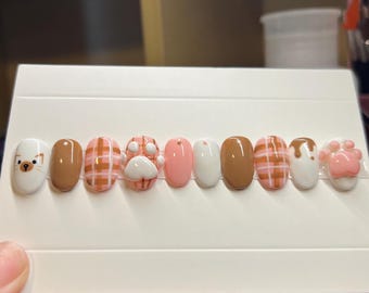 Custom Pink & Brown Cat Press On Nails, kawaii nails, sculpted nails, long lasting press ons, pastel pink nails, y2k nails, press on nails