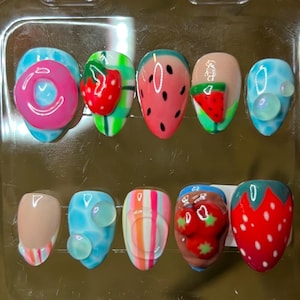 Custom 3D summertime Press On Nails, summer time nails, food nails, 3D art nails, long lasting press ons, strawberry nails, y2k nails