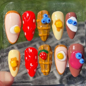 Uñas postizas 3D personalizadas con diseño de desayuno, uñas de verano, uñas con motivos de comida, uñas artísticas 3D, uñas postizas de larga duración, uñas con motivos de comida para el desayuno, uñas Y2K