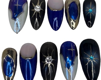 Custom blue Celestial Press On Nails, witchy nails, y2k nails, 3D art nails, long lasting press ons, blue and gold nails, zodiac nails, nail