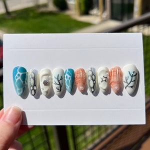 Custom Ocean themed Press On Nails, beach nails, detailed nails, summer press ons, long lasting press ons, luxury press on nails, gel x nail