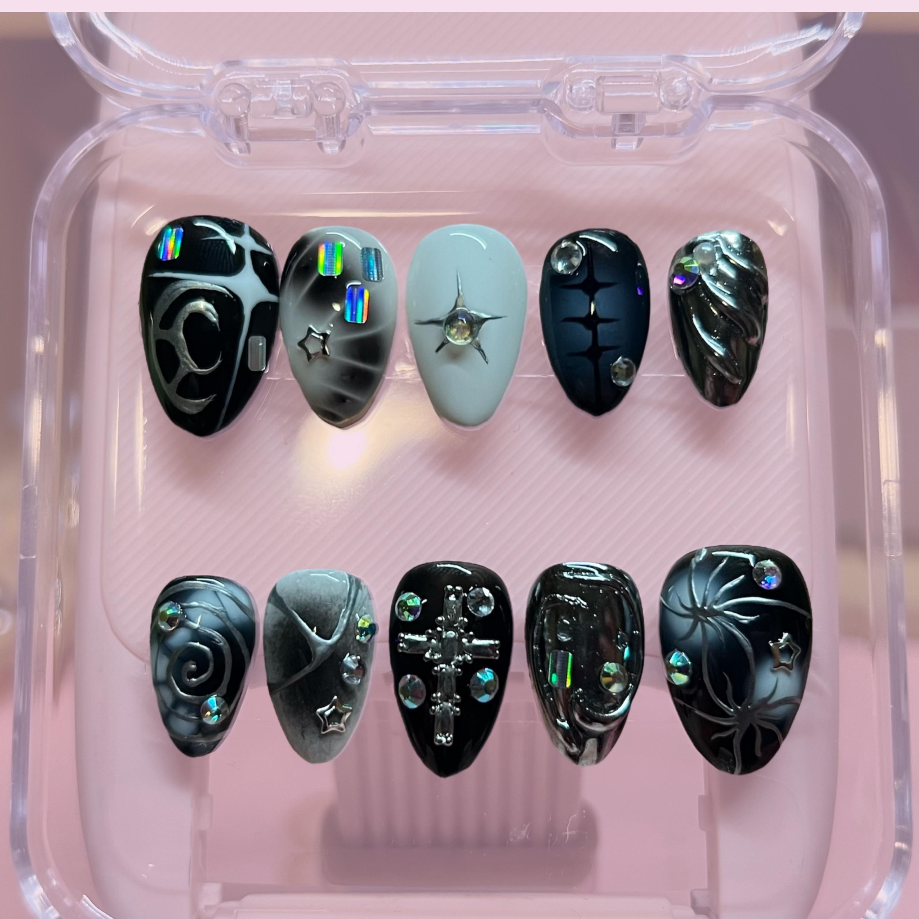Custom Cyber Punk Press on Nails, Black Goth Nails, Food Nails, 3D Art ...