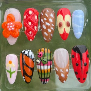 Y2k whimsical Press On Nails, summer time nails, apple nails, 3D art nails, long lasting press ons, whimsical press ons, fun press on nails