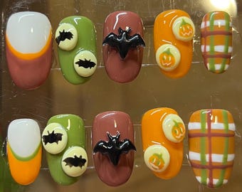 Custom Fall Halloween Press On Nails, halloween nails, hand painted nails, 3D art nails, long lasting press ons, cookie nails, black nails