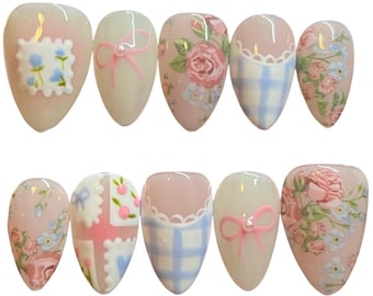 Pastel picnic Press On Nails, stamp nails, clean girl nails, 3D art nails, long lasting press ons, whimsical press ons, floral nails, cute