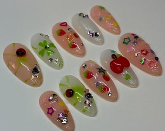 Handpainted spring whimsy Press On Nails, y2k nails, whimsical nails, 3D art nails, long lasting press ons, Pinterest press ons, fun nails