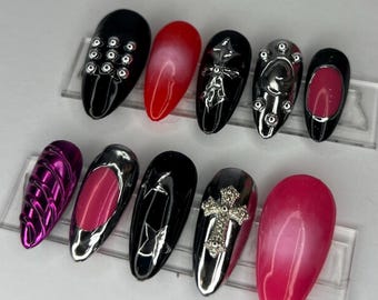 Custom pink goth Press On Nails, goth nails, chrome nails, 3D art nails, long lasting press ons, pink nails, y2k nails, black nails, edgy