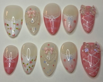 Handpainted coquette pink Press On Nails, y2k nails, pink nails, 3D art nails, long lasting press ons, Pinterest press ons, pastel nails