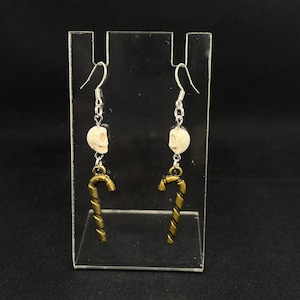 brass candy cane & skull Earrings, xmas earrings, grandma jewelry, horror earrings, hypoallergenic, vintage jewelry, gothmas earrings