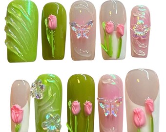 Y2K green & pink Press On Nails, summer time nails, floral nails, 3D art nails, long lasting press ons, whimsical press ons, tulip nails