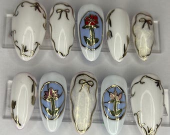 Kundenspezifische Glasmalerei-Nägel, Sommerzeitnägel, Blumennägel, 3D-Kunstnägel, langlebige Press-Ons, ausgefallene Press-Ons, y2k Nägel