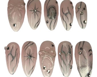 Cyber coquette print Press On Nails, cyber nails, nude & pink nails, 3D art nails, long lasting press ons, y2k nails, 2000s nails, chrome