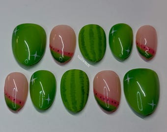 Handpainted Watermelon Press On Nails, y2k nails, fruit nails, 3D art nails, long lasting press ons, Pinterest press ons, summer nails