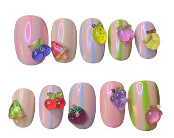 3D Fruit Press On Nails, summer time nails, summer nails, 3D art nails, long lasting press ons, whimsical press ons, fruity nails, stripes