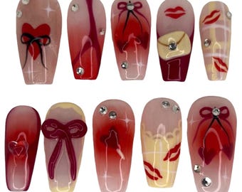 Aangepaste kunstnagels Valentijnsdag Press On Nails, kunstnagels, vday-nagels, 3D-kunstnagels, langdurige persing, trendy nagels, y2k-nagels