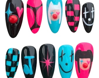 J-HOPE Press On Nails, kpop nails, blue and pink hobi nails, 3D art nails, long lasting press ons, jack in the box album press on nails