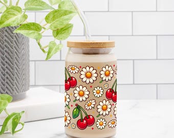 Cheery cherries and daisies Glass Can 16oz