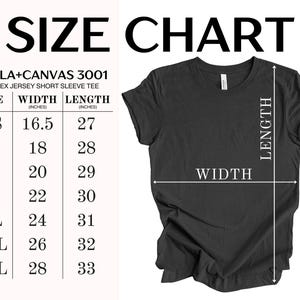 May include: Size chart for a Bella + Canvas 3001 unisex jersey short sleeve tee. The chart shows the width and length in inches for sizes XS to 3XL.