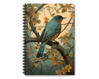 Spiral Notebook Ruled Line Stylized Vintage Blue Bird Journal Gift Blue Bird Notepad Botanical Bird Lover Gift