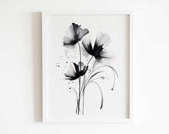 Abstract Floral Art Print, Black and White Botanical (Digital Download)