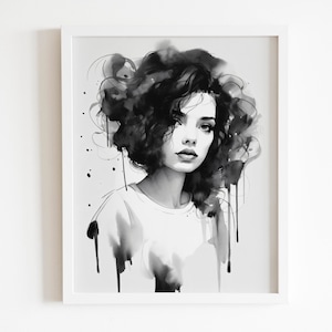 Black and White Abstract Woman Digital Art, Watercolor Illustration Woman Face, Modern Wall Art