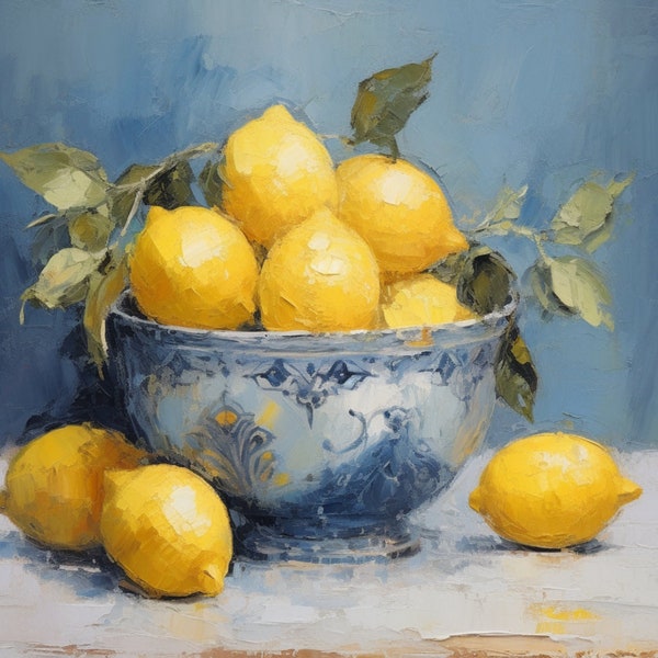 Art | Vintage Kitchen Still Life (Printable) Oil Painting: Bowl of Lemons | Farmhouse Kitchen