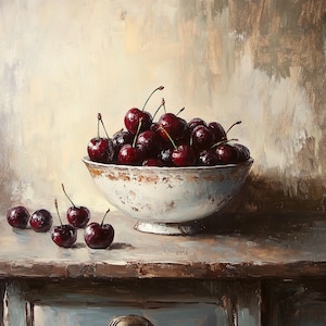 Art | Vintage Kitchen Still Life (Printable) Oil Painting: Bowl of Ripe Cherries | Farmhouse Kitchen