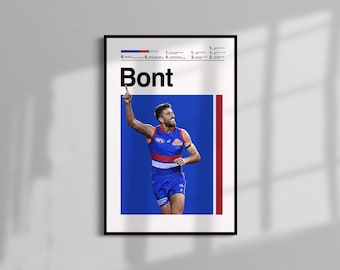 May include: A poster featuring a photo of a man in a blue and red sports jersey with the word "Bont" printed in black at the top.