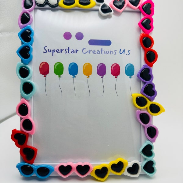 Handmade Photo Picture Frame, Colorful and fun Sunglass Funky Frame, 5x7" Wooden Frame with Glass