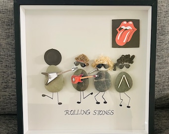 Rolling Stones, Photo Frame, Rock music, guitar, drummer, rock band. Frame size is 12x12 inch. Handmade Pebble Art for the music lover