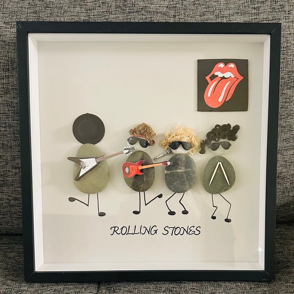 Rolling Stones, Photo Frame, Rock music, guitar, drummer, rock band. Frame size is 12x12 inch. Handmade Pebble Art for the music lover