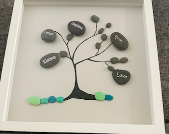 Unique Pebble Art in large  12” x 12” Wooden Shadow Box Frame - Tree of happiness and kindness, love and laugh