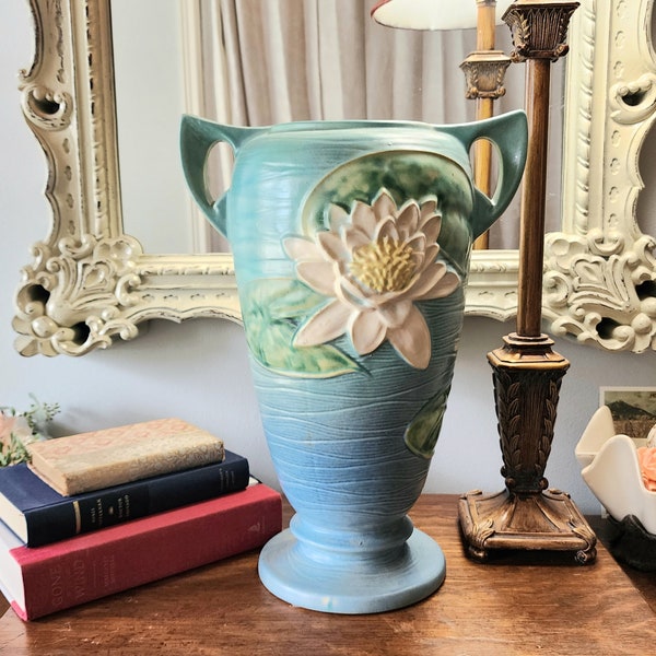 Rare Vintage 1940s Roseville Pottery 15" Vase in Blue Green Water Lily Pattern.  White Lilies With Lily Pads.  Marked Roseville 83-15.