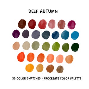 Può includere: Una tavolozza di colori con 30 campioni di colore in tonalità di rosso, arancione, giallo, verde, blu, viola e marrone. La tavolozza è etichettata "Deep Autumn" e "30 Color Swatches - Procreate Color Palette".