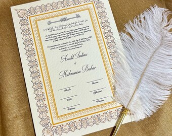 Luxury Nikkah Certificate with Feather Pen | Personalised Custom Nikkah Nama | Premium Islamic Wedding Contract Gift