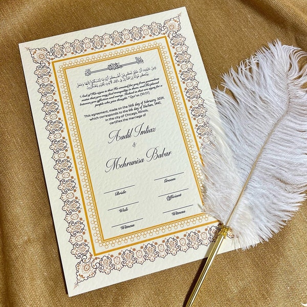 Luxury Nikkah Certificate with Feather Pen | Personalised Custom Nikkah Nama | Premium Islamic Wedding Contract Gift