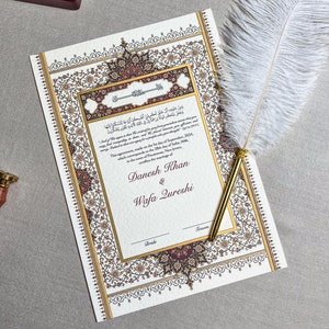 A4 Luxus Nikkah-Zertifikat mit Federstift und Goldrahmen | Nikahnama | Nikkah Vertrag | Premium Islamischer Ehevertrag