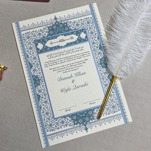 A4 Blaues Luxus Nikkah-Zertifikat mit Federstift und Goldrahmen | Nikahnama | Nikkah Vertrag | Premium Islamischer Ehevertrag