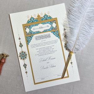 Luxury Nikkah Certificate with Feather Pen and Gold Frame | Personalised Custom Nikkah Nama | Premium Islamic Wedding Contract Gift