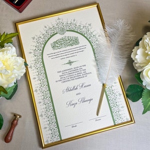 A3 Grünes Luxus Nikkah-Zertifikat mit Goldrahmen und Federstift | Nikkahnama | Nikkah Vertrag | Islamischer Ehevertrag