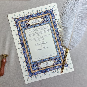 A4 Luxus Nikkah-Zertifikat mit Federstift und Goldrahmen | Nikkah Nama | Nikkah Vertrag | Islamischer Ehevertrag