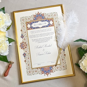 A3 Luxus Nikkah-Zertifikat mit Federfeder & Rahmen | Nikahnama | Nikkah Vertrag | Premium Islamischer Ehevertrag