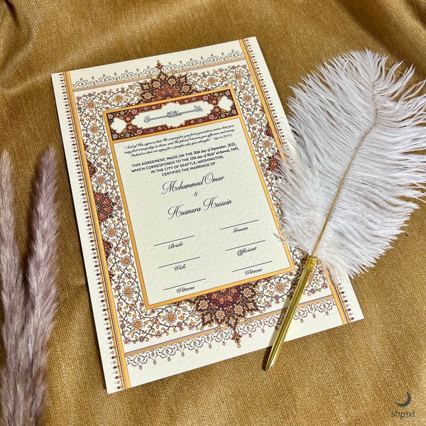 Luxury A4 Nikkah Certificate with Feather Pen | Nikahnama | Nikkah contract | Premium Islamic Marriage Contract