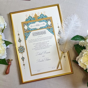 A3 Luxus Nikkah-Zertifikat mit Federfeder & Rahmen | Nikkah Nama | Nikkah Vertrag | Islamischer Ehevertrag