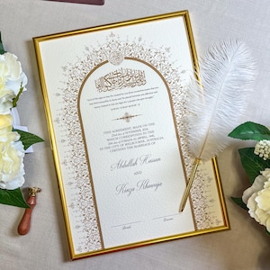 A3 Luxus Nikkah-Zertifikat mit Federfeder & Rahmen | Nikkah Nama | Nikkah Vertrag | Islamischer Ehevertrag