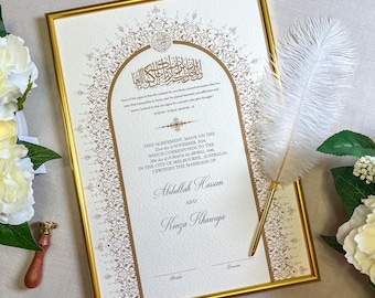 Luxury A3 Nikkah Certificate with Gold Frame & Feather Pen