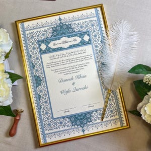 A3 Luxus Nikkah-Zertifikat mit Federfeder & Rahmen | Nikahnama | Nikkah Vertrag | Premium Islamischer Ehevertrag