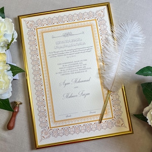 A3 Luxus Nikkah-Zertifikat mit Federfeder & Rahmen | Nikkah Nama | Nikkah Vertrag | Islamischer Ehevertrag