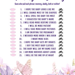 Who Said It Baby Shower Game - Butterfly Theme - Printable