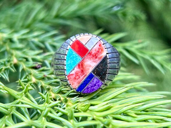 Ray Jack Navajo Vintage Sterling Silver Inlay Multistone Ring
